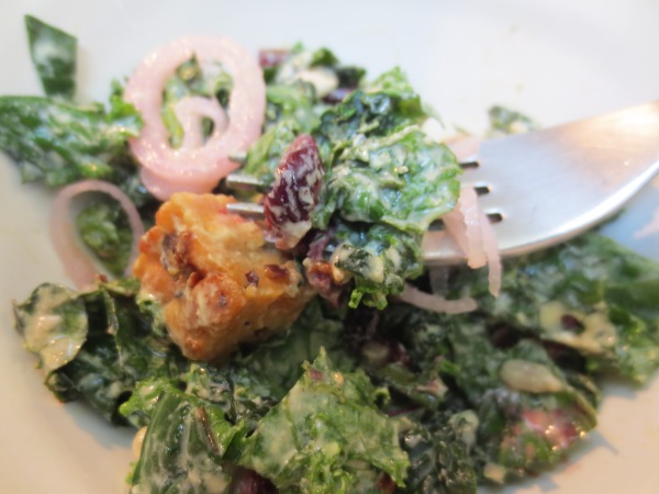 Yum, Kale Salad with Creamy Cashew Dressing and Crispy Tempeh Croutons