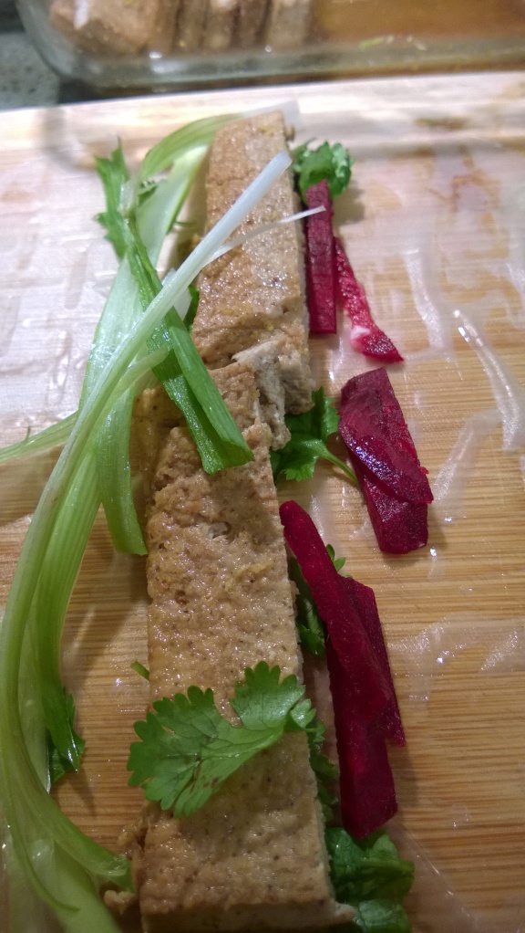 Summer Roll with Tofu Scallions Beets Cilantro