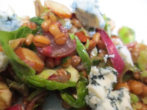 Wheat Berries & Sprouts Salad with Grapes & Almonds topped with Bleu Cheese