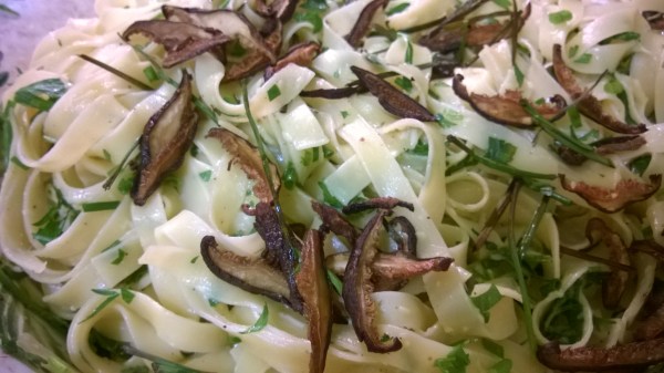 Fettucine Carbonara with crisp roasted shitakes and chives