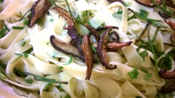 Creamy Fettucine Carbonara with Crisp Roasted Shitake Mushrroms & Chives