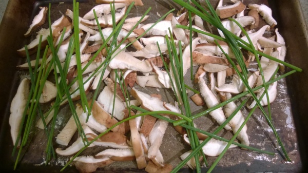 Shitakes and chives, ready to roast
