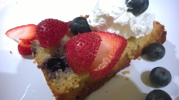 Blueberry Tea Cake with fresh berries and cream