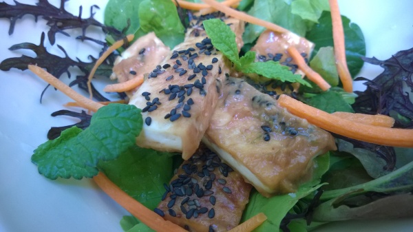 Tofu with Tahini Peanut Lime Sauce with salad