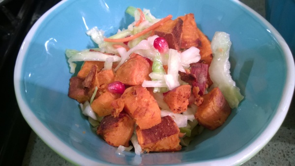 Ginger Spiced Roasted Sweet Potatoes with Cabbage and Pomegranate Slaw