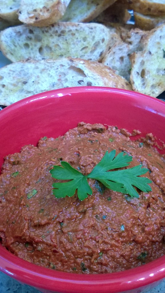 my take on a Syrian Muhummara dip with Roasted Red Pepper, Toasted Walnut, Sun dried Tomato and Pomegranate Molasses
