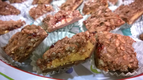 Treats of Crispy Chocolate, Peanut Butter & Raspberry Jam, Yum!