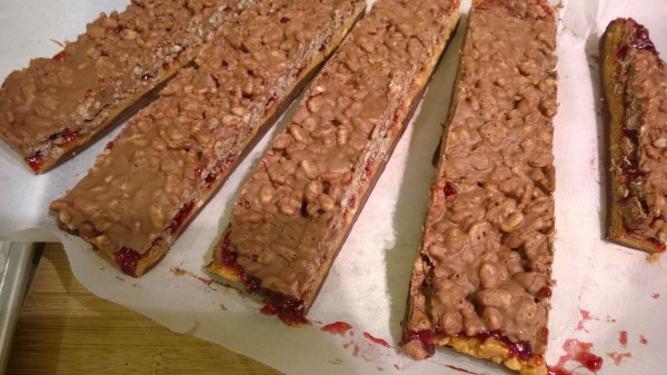 Crispy Chocolate, Peanut Butter and Raspberry Jam Bites