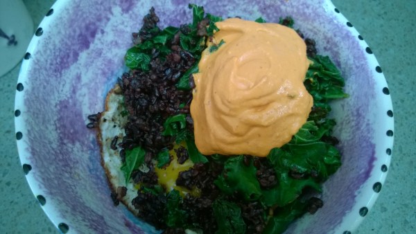 Eggs and Greens dolloped with Roasted Pepper Cashew Cream