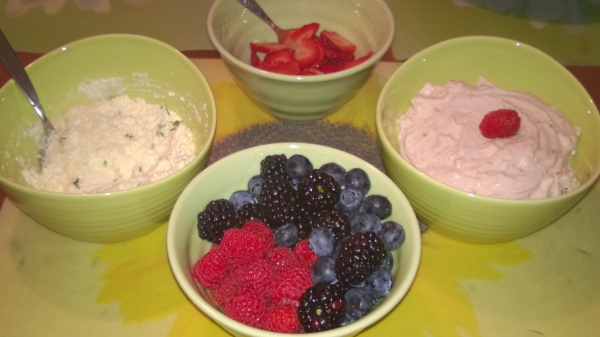 Savory ricotta and herb filling, fresh berries and raspberry whipped cream