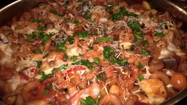 baked pasta with eggplant, zucchini, peppers, tomatoes, cheese & chick peas, yum!
